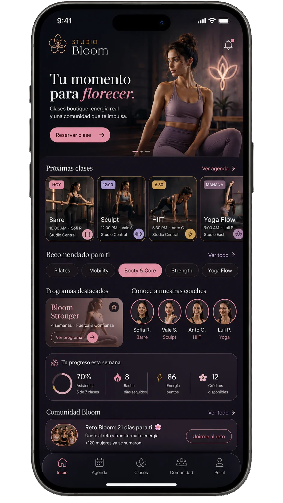 Ejemplo de app de marca propia para socios de un estudio boutique