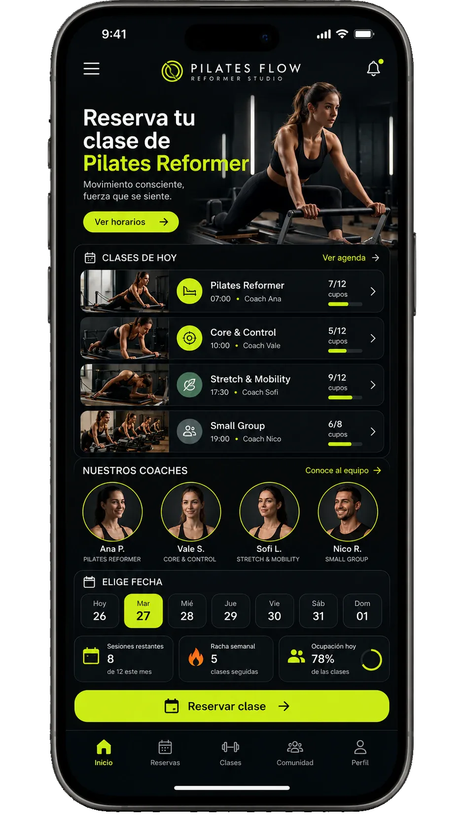 Demo de una app móvil para reservar clases en un estudio de Pilates Reformer