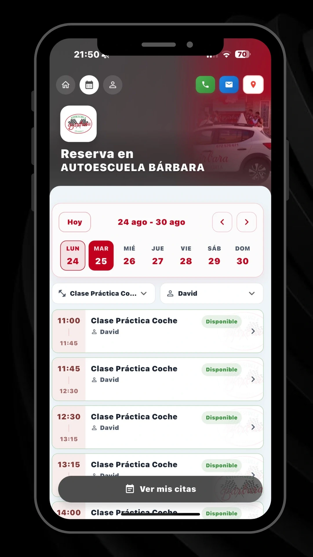 Captura actual de la app de Autoescuela Bárbara con el calendario semanal, el profesor y los horarios disponibles