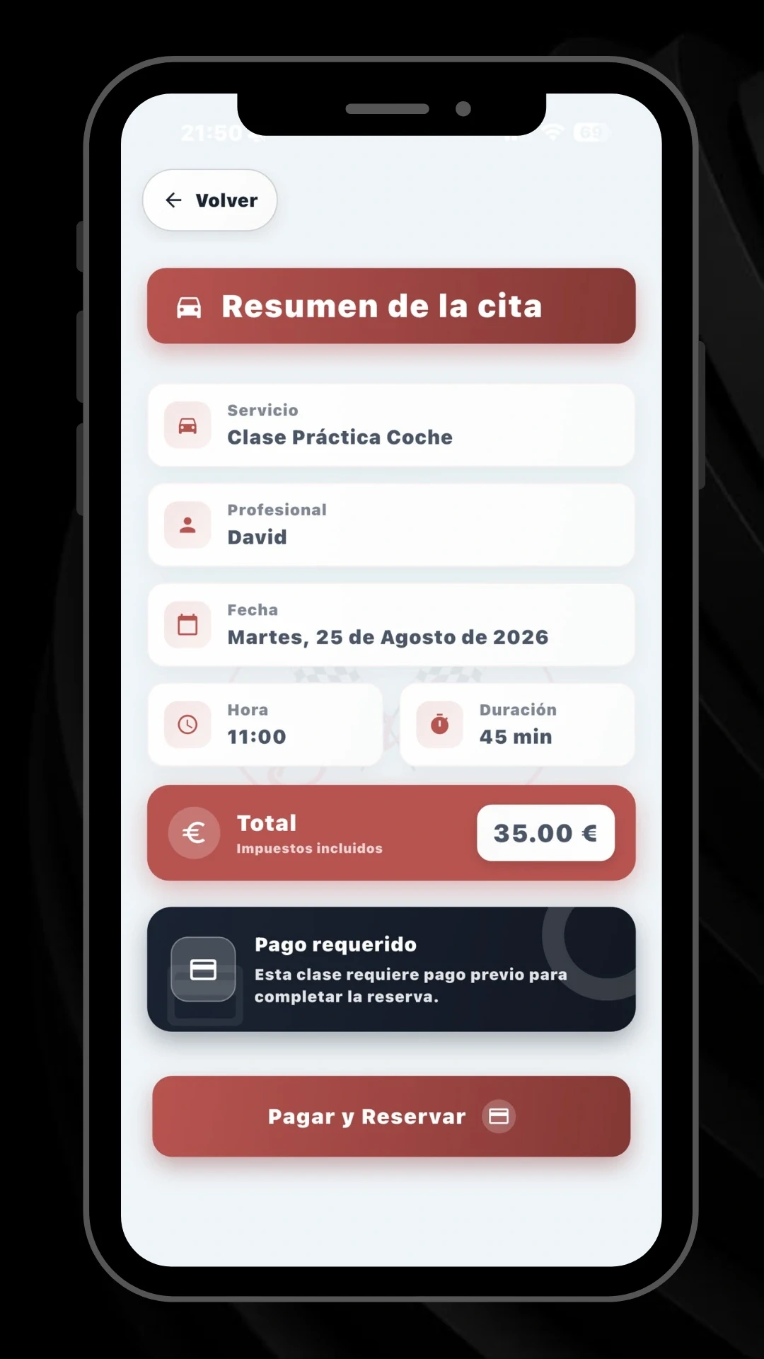 Captura actual de la app de Autoescuela Bárbara con el resumen de la clase y el botón de pagar y reservar