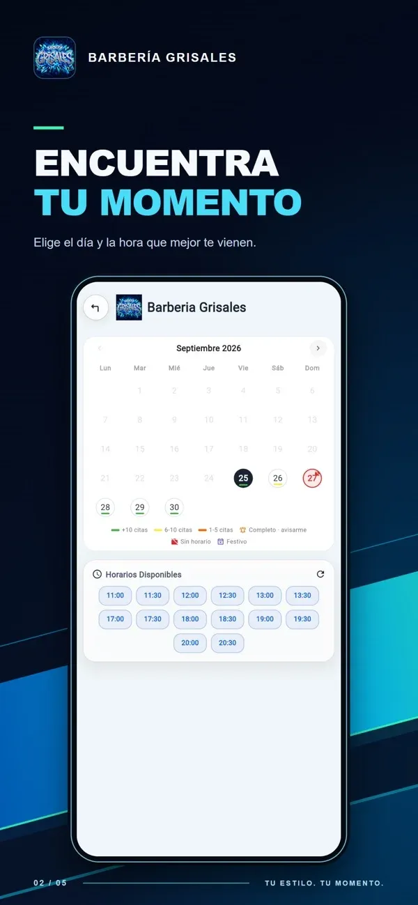 Imagen oficial de Barbería Grisales en App Store con calendario y selección de horarios para reservar
