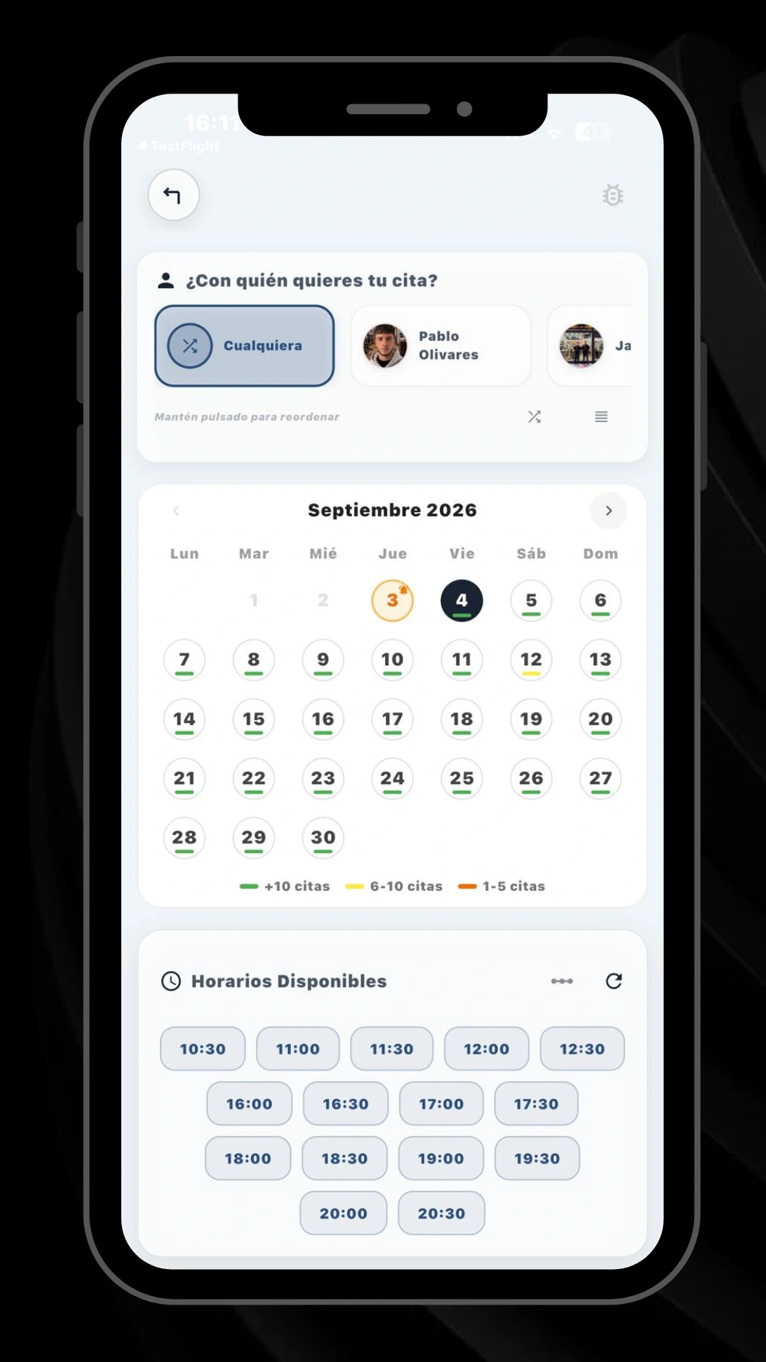 Diseño actual de la app de Barbería Pablo Olivares: selección de fecha y horario