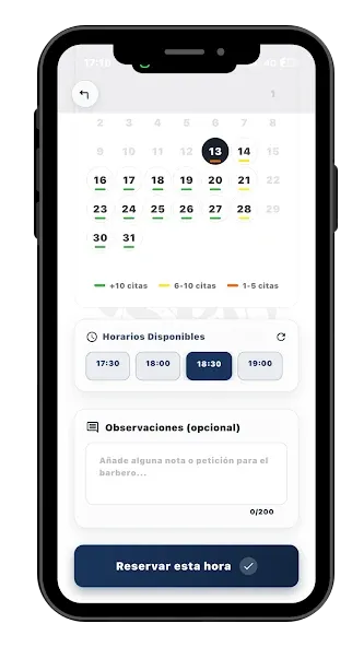Horarios disponibles en la app de Barbería Pablo Olivares