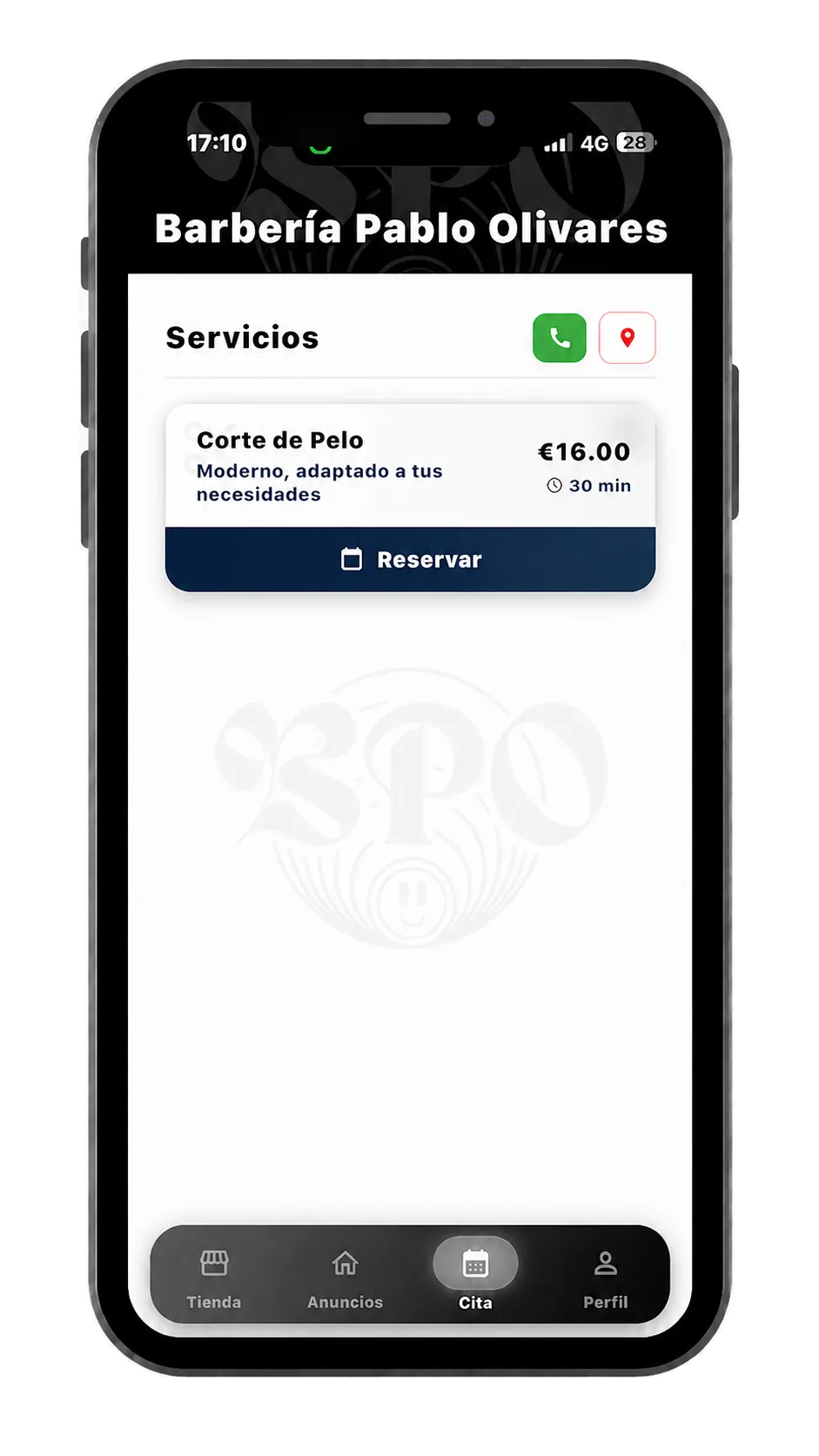 Pantalla de reserva de la aplicación Barbería Pablo Olivares