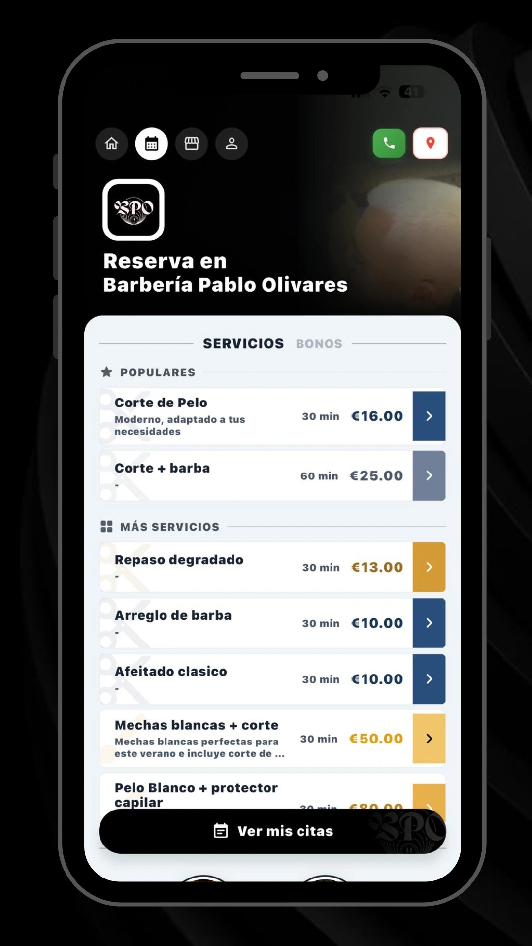 Diseño actual de la app de Barbería Pablo Olivares: servicios y reserva de citas