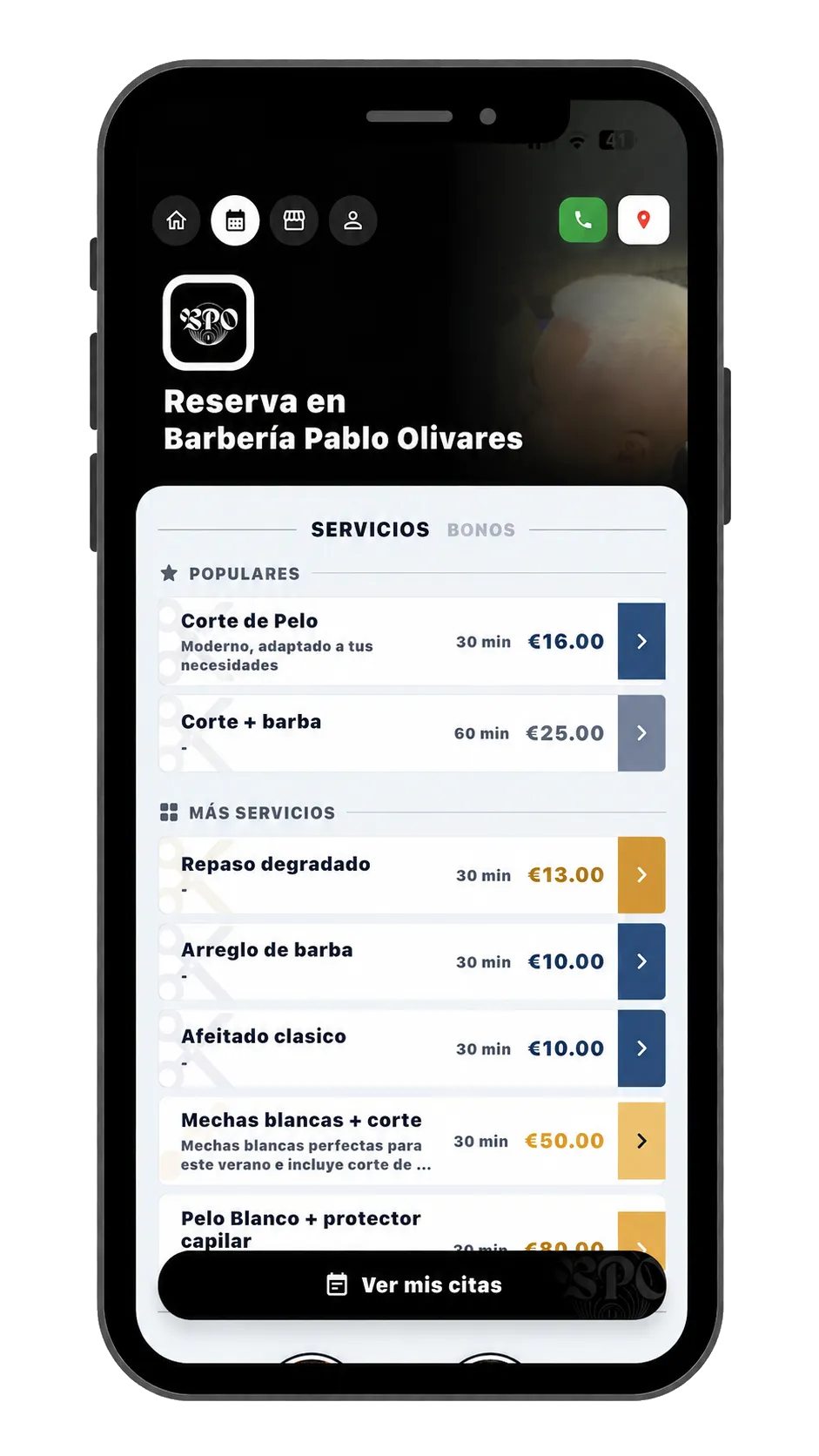 Captura real de la pantalla de servicio y reserva de Barbería Pablo Olivares