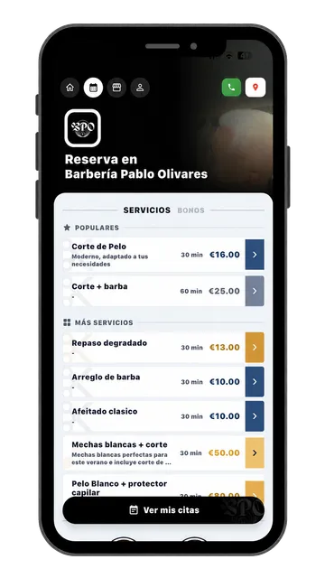 Pantalla real de reservas de la app Barbería Pablo Olivares