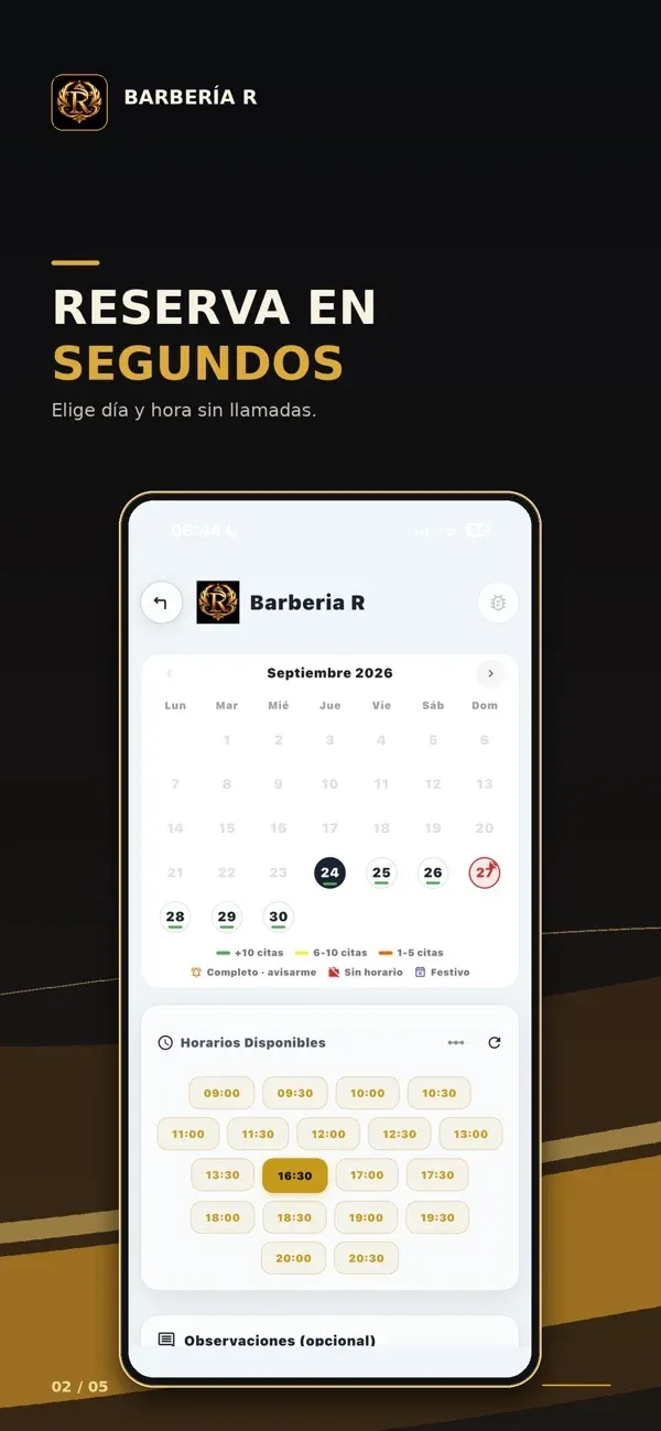 Imagen oficial de Barbería R en App Store: calendario y horarios disponibles en la aplicación