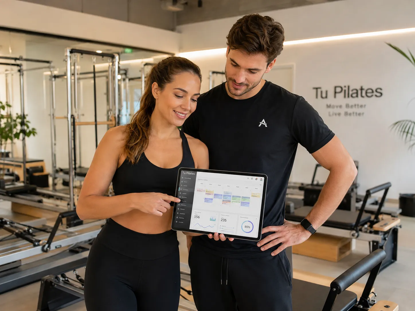 Profesionales de un estudio de Pilates Reformer consultando un panel de gestión en una tableta