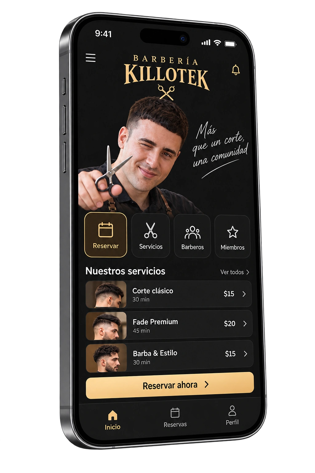 App de demostración de Barbería Killotek, con identidad negra y dorada