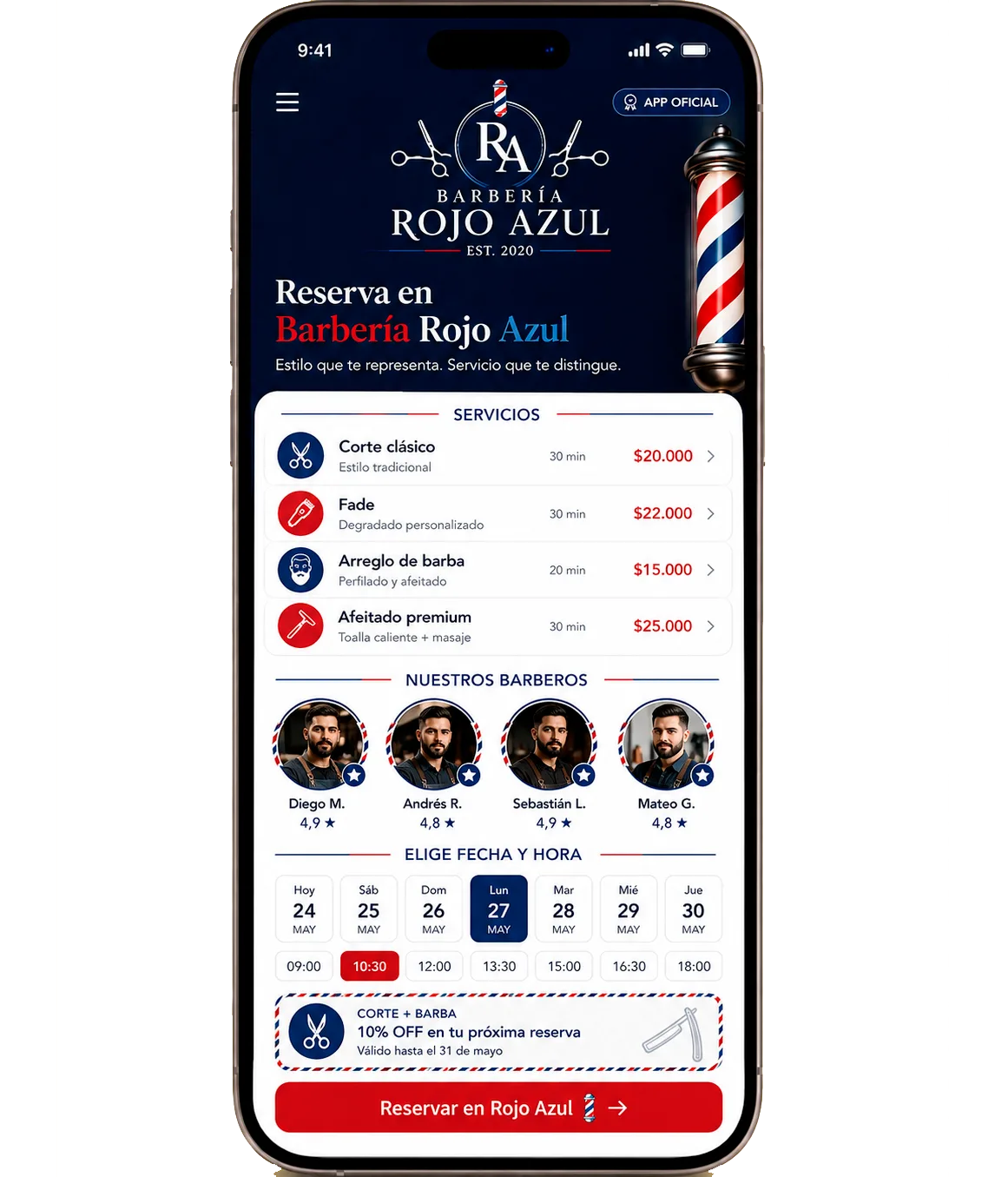 App de reservas con la marca Barbería Rojo Azul, ejemplo de personalización