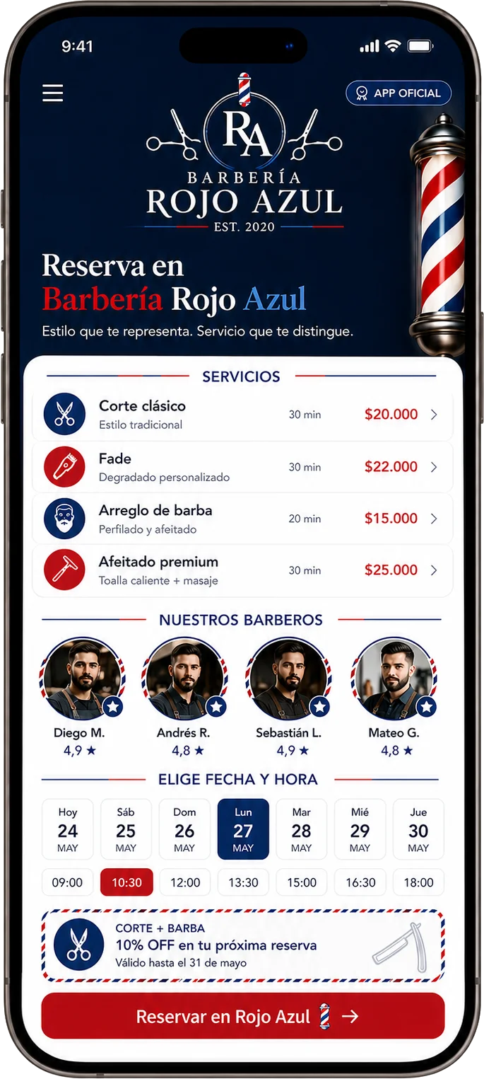 App personalizada para gestionar una barbería Software para barberías con app propia, reservas y agenda por barbero