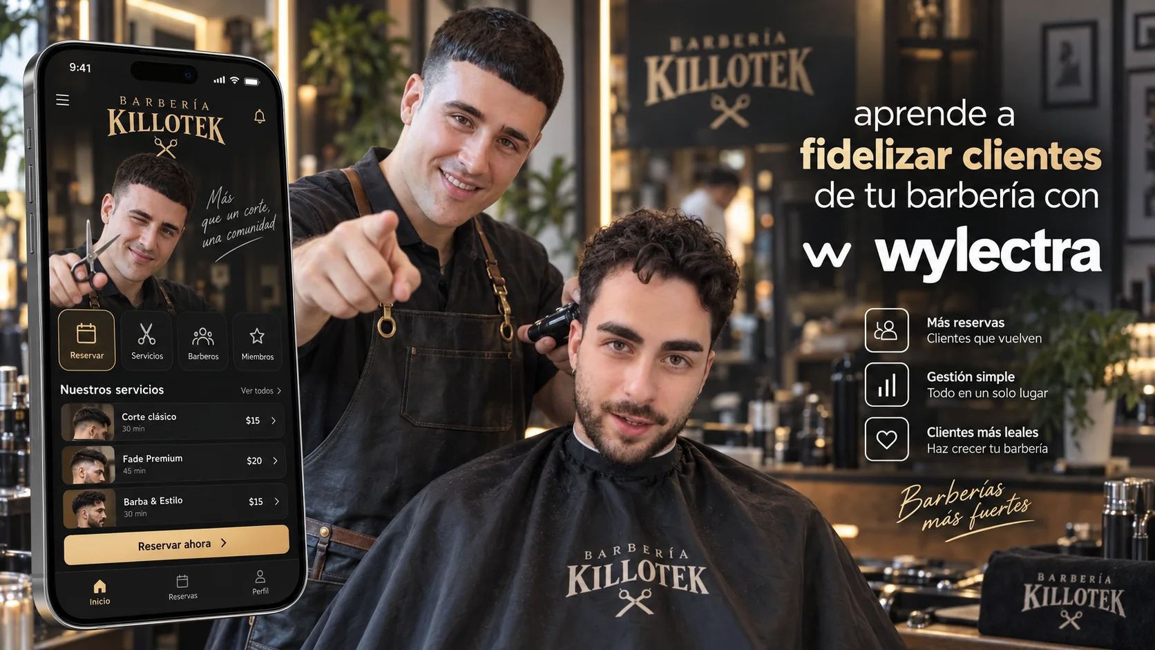 Barbero atendiendo a un cliente junto a una app de reservas de barbería