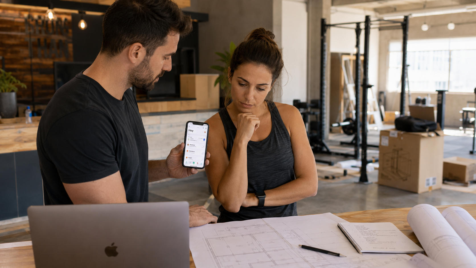 Entrenadores preparando un gimnasio con una app para organizar socios, clases y reservas