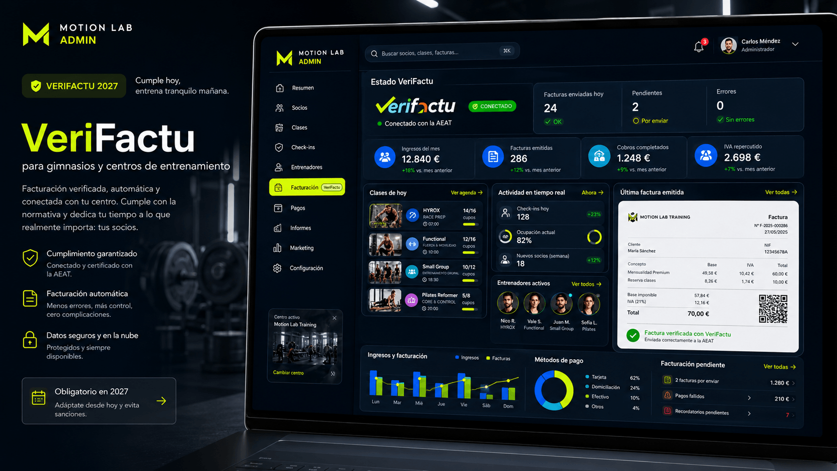 Panel de facturación VeriFactu para gimnasio y centro de entrenamiento con facturas, socios, clases, cobros y código QR