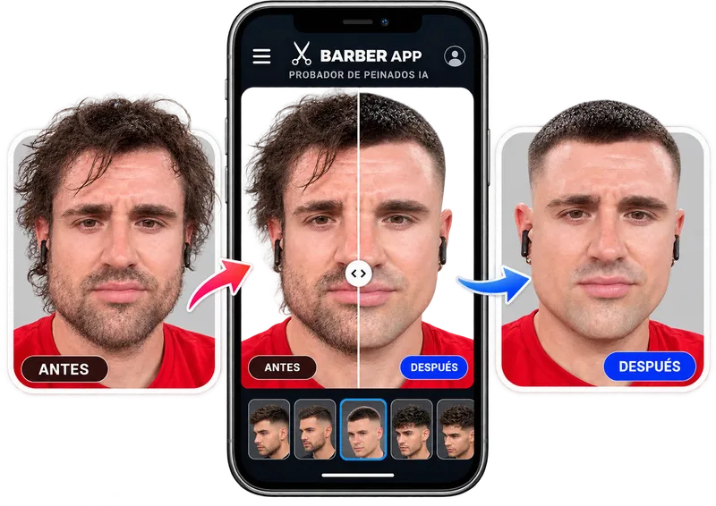 Ejemplo visual: un selfie, la simulación en un móvil y el aspecto con otro peinado