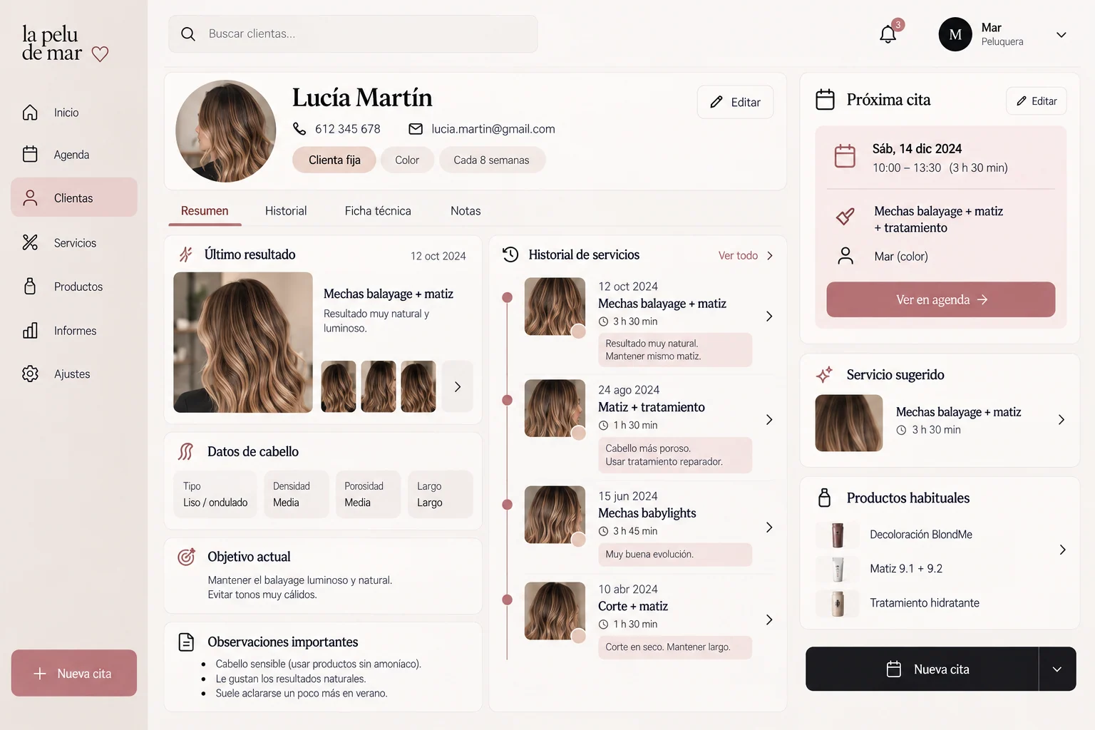 Ficha técnica del software para peluquerías de Pelu de Mar con historial de color, fotografías, datos del cabello y próxima cita
