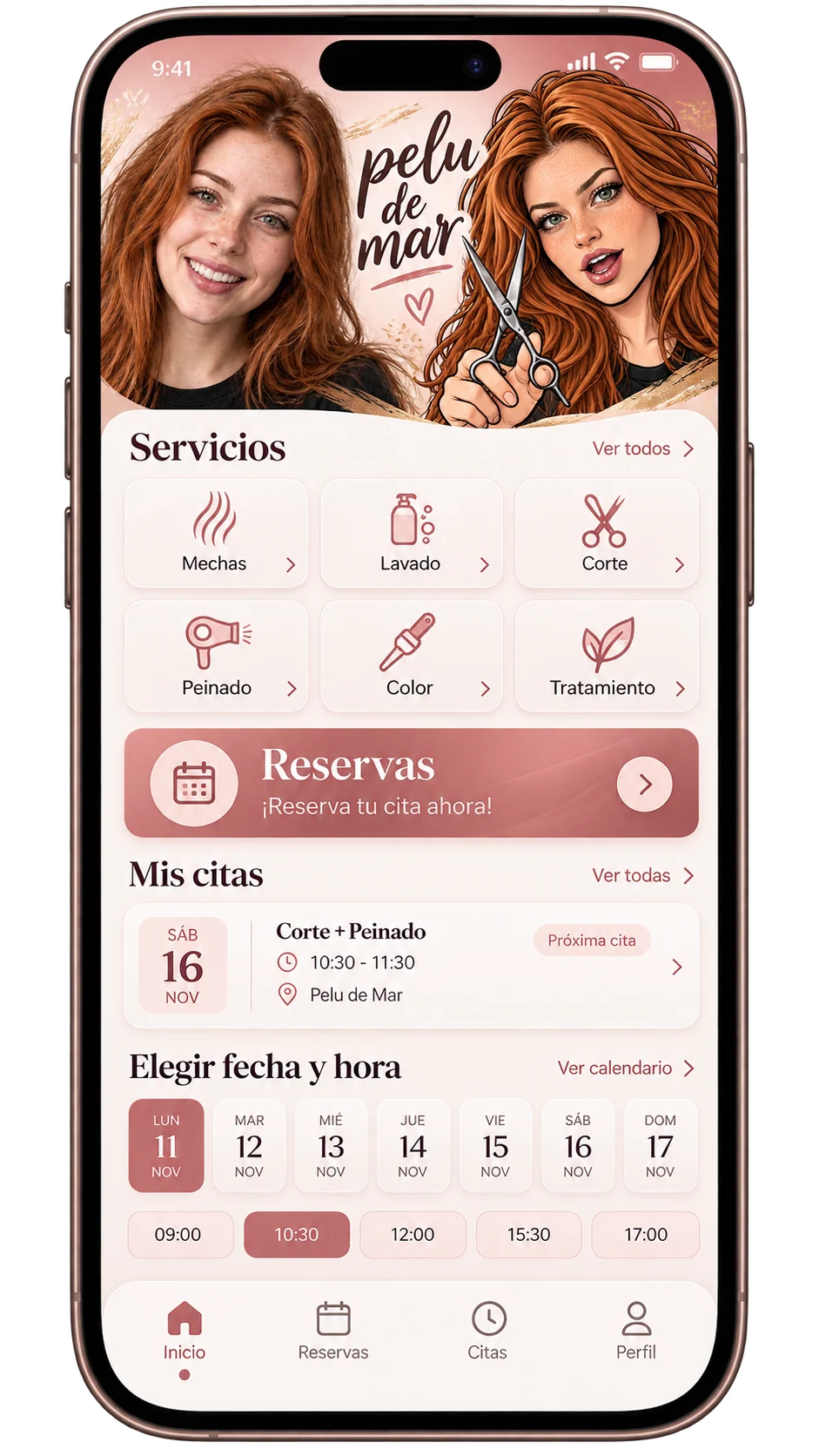 App para peluquerías de Pelu de Mar con servicios, reserva, próxima cita y selección de fecha y hora